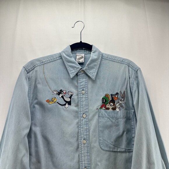 VTG Warner Bros. Shirt Adult XS Looney Tunes Denim Embroidered Button Down Blue - Picture 3 of 13